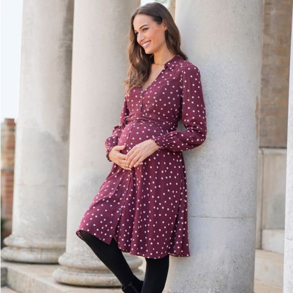 Seraphine Maternity Burgundy Polka Dot Shirt Dress